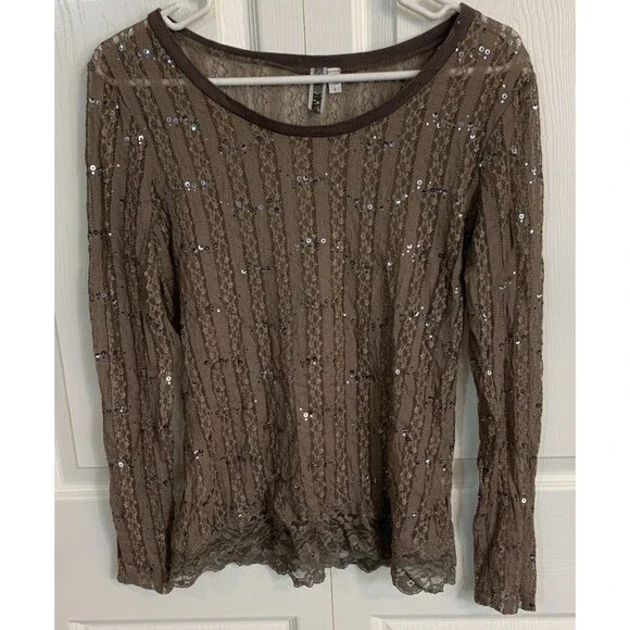 BKE Buckle Burnout Sequin Lace Top Shirt Womens L Taupe Y2K Sheer - Picture 11 of 11